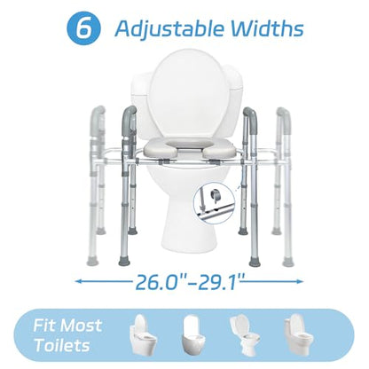 Raised Toilet Seat with Handles, 400lb, Adjustable Height & Width | Padded Comfort,Rust-Proof Aluminum,Non-Slip Feet, Height/Width Adjustable, Fit Any Toilets. Tool-Free Install, For Seniors