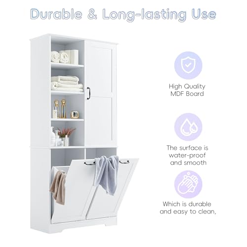 Merax Cabinet with Tilt-Out Laundry Hamper Basket, Tall Bathroom Storage Organizer Linen with Open Shelf for Home, Freestanding, White - color: White