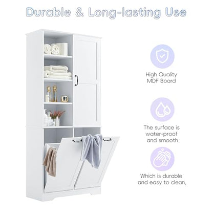 Merax Cabinet with Tilt-Out Laundry Hamper Basket, Tall Bathroom Storage Organizer Linen with Open Shelf for Home, Freestanding, White - color: White