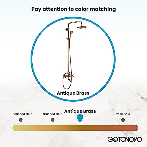gotonovo Exposed Shower Faucet with Spout Antique Brass,Straight Pipe | Brass Bathroom Exposed Shower System,8’’ Rain Head,Swivel Tub Spout 2 Cross Handle,Adjustable Handheld Sprayer,Wall Mount - color: Antique Gold