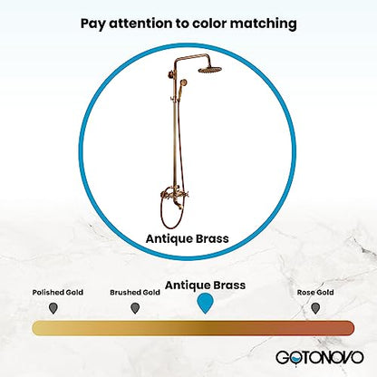 gotonovo Exposed Shower Faucet with Spout Antique Brass,Straight Pipe | Brass Bathroom Exposed Shower System,8’’ Rain Head,Swivel Tub Spout 2 Cross Handle,Adjustable Handheld Sprayer,Wall Mount - color: Antique Gold