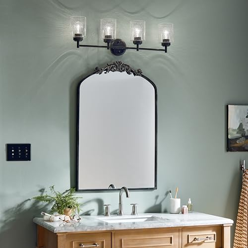 Kichler Winslow 4-Light Farmhouse Vanity Light, Black | Clear seeded glass vanity light with industrial styling (30" x 9.25" x 6.5"), 45887BK - color: Black, size: 30"