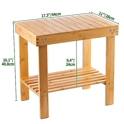 VaeFae Bamboo Shower Bench, Spa Bench Seat Stool, Foot Rest Shaving Stool with Non-Slip Feets and Storage Shelf, Works in Bathroom/Living Room/Bedroom/Garden Leisure - size: Yellow 17.3" x 11" x 16.1"