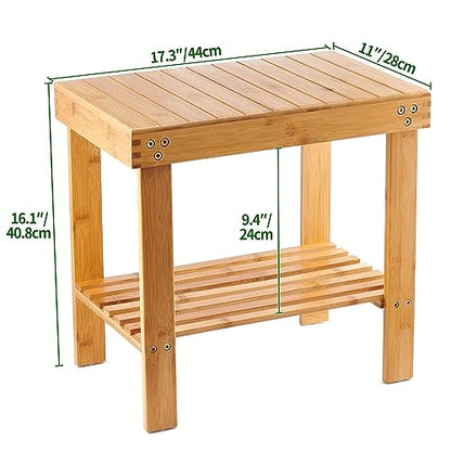 VaeFae Bamboo Shower Bench, Spa Bench Seat Stool, Foot Rest Shaving Stool with Non-Slip Feets and Storage Shelf, Works in Bathroom/Living Room/Bedroom/Garden Leisure - size: Yellow 17.3" x 11" x 16.1"
