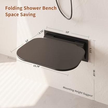 Wall Mounted Shower Seat 15.7" Folding Shower Seat with Embed CS Seat Bracket Bistable Structure UF Shower Seats Aluminum Base 440lb Load Capacity for Bathroom Remodel, Matte Black - size: Matte Black