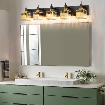 Modern Crystal Bathroom Vanity Light Black Gold 5-Lights Bathroom Lighting Fixtures Over Mirror, Brass Wall Light Fixtures - color: Black Gold-Square Shade, size: 5-Light