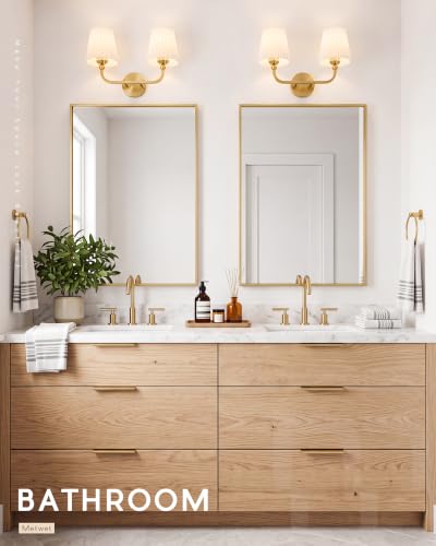 2-Light Brushed Gold Bathroom Vanity Light, Pleated Fabric Shade | 17" 2-light gold double wall sconce with white pleated fabric shades, E26 bulbs, hardwired, upward only, VL837-BG-Z-2 - color: Brushed Gold, White Pleated Shade, size: 2-light