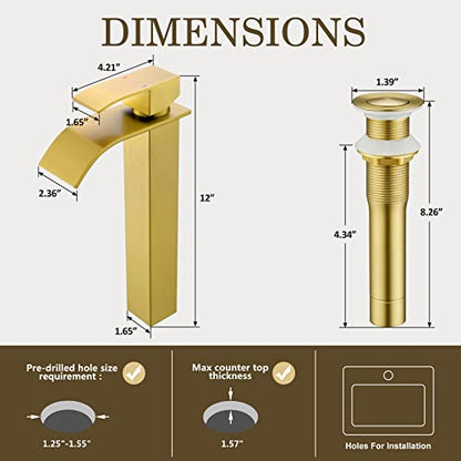 Gold Vessel Sink Faucet, Single Hole Waterfall Tall Bathroom Vanity Faucet | Brushed Gold Vessel Sink Faucet, YardMonet Single Handle Bathroom Faucet with Drain Assembly and Hose, Stainless Steel - size: Tall