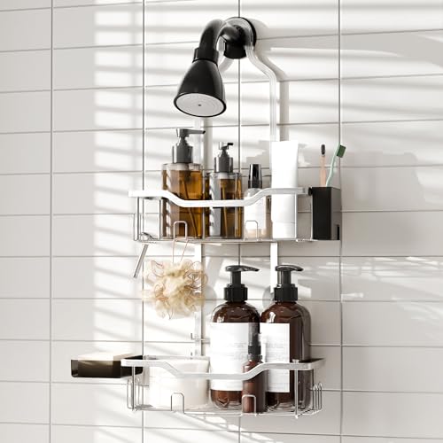 Shower Caddy Hanging 2-Tier Shower Organizer for Tall Showerhead,Rustproof Over Shower Head Rack,No Drill Bathroom Shower Caddy with Soap Dish,Toothbrush Holder and Hooks,Silver - color: Upgraded Silver