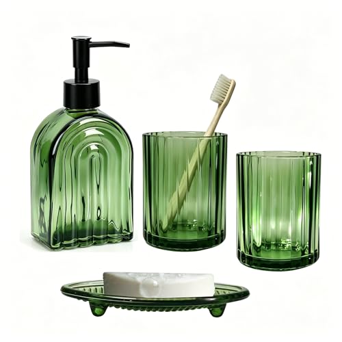 YYTSGG Green Glass Accessories Set, 4PCS Bathroom Set | Modern Countertop Vanity Organizer Set include 13.5oz Lotion Soap Dispenser, Toothbrush Holder, Tumbler & Soap Dish - color: Green