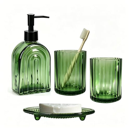 YYTSGG Green Glass Accessories Set, 4PCS Bathroom Set | Modern Countertop Vanity Organizer Set include 13.5oz Lotion Soap Dispenser, Toothbrush Holder, Tumbler & Soap Dish - color: Green