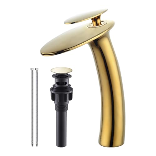 Shiny Polished Gold Waterfall Bathroom Faucet Tap Tall and Drain - color: Polished Gold, size: Tall Body