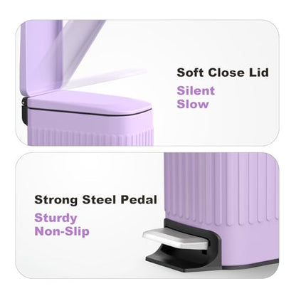 TrashAid 1.6Gal Slim Bathroom Trash Can with Lid Soft Close & Pedal, Purple | Removable Inner Bucket, Stainless Steel Garbage Can, Small Wastebasket for Toilet/Office/Bedroom, Retro Design, Odor Control - color: Purple