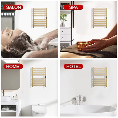 Heated Wall Mounted Electric Towel Warmer Rack,Timer & Temperature Control, 8 Bar Stainless Steel Towel Heater for Bathroom, Brushed Gold, Plug-in(27.56x19.69x4.41in) - color: Brushed Gold, size: 8 Bars