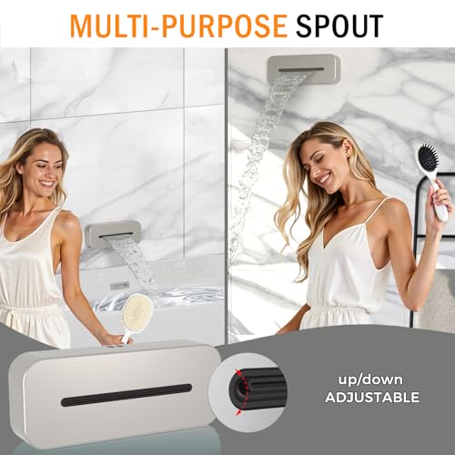 Thermostatic Digital Dual Rain Heads Tub Shower System Can Run Together | 4-Way Shower Faucts Set with Waterfall Spout, 12" Rainfall + 6" Tilted Shower and Brass Handheld, Brushed Nickel - color: Brushed Nickel, style: 12” + 6" + Spout