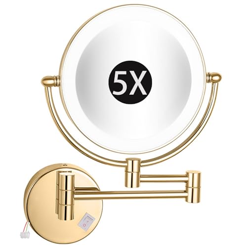 8" Wall Mounted Lighted Makeup Mirror, Hardwired Double Sided LED Magnifying Extended Arm 360° Swivel Bathroom Vanity Mirror,Gold,5X - color: Gold, size: 5X