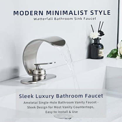 Waterfall Single Hole Bathroom Sink Faucet, 304 Stainless Steel Single Handle Modern Bathroom Faucet, Snake Shape Design Basin Tap, Single Handle Basin Tap with Pop Up Drian Supply Line - color: Sliver