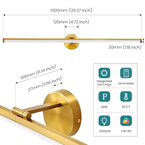 KAISITE Modern Bathroom Light - 39 Inch Dimmable 5CCT LED Vanity Light Bar for Restroom - color: Gold, size: 39 Inch
