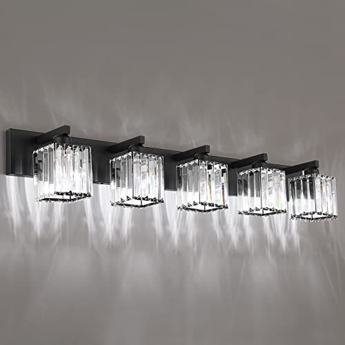 Aipsun Bathroom Vanity Light Black Light Fixtures 5 Light Crystal Vanity Light Modern Bathroom Lighting (Exclude Bulb) - color: Black, size: 40 inch