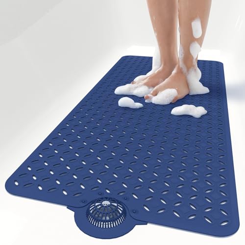 OTHWAY Bath Mat for Tub Non Slip: 39" X 17" Long Bathtub Mat with Hair Catcher│Big Drain Holes Shower Mats for Inside Shower│Machine Washable (Navy Blue) - color: Navy Blue
