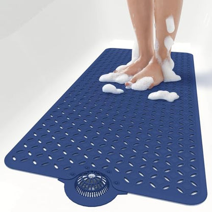 OTHWAY Bath Mat for Tub Non Slip: 39" X 17" Long Bathtub Mat with Hair Catcher│Big Drain Holes Shower Mats for Inside Shower│Machine Washable (Navy Blue) - color: Navy Blue