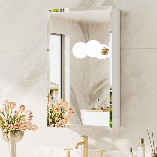 TokeShimi 15 x 26 Recessed Medicine Cabinet with Tempered Beveled Mirror, Assembly Required, White Medicine Cabinet for Bathroom, Stepless Adjustable Shelves, DTC Hinge - color: White, size: 15x26 in
