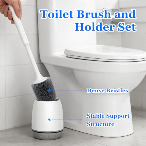 Toilet Brush, 2 Pack Toilet Bowl Brush and Holder Set Ergonomic Long Handle Toilet Scrubber with Ventilated Base for Quick Drying, for Bathroom Cleaning, White & Gray