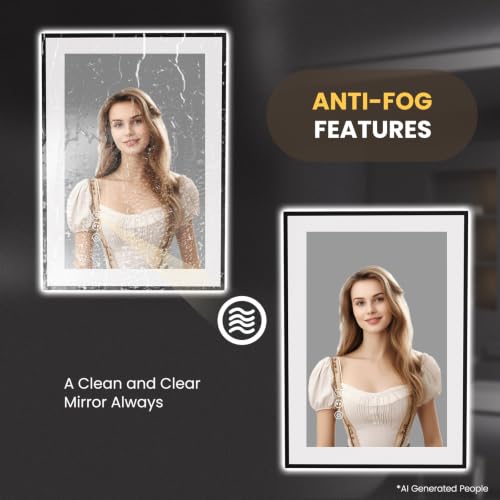 LOAAO 20"X28" LED Bathroom Mirror Black Framed | Anti-Fog, Dimmable, Memory Function, Tempered Glass, Lighted Vanity Mirror for Wall - size: 20"L x 28"W