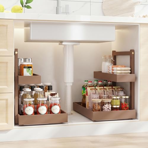 Bamboo Under Sink Storage 2 Tier Pull Out Cabinet Organizer Slide Out Under Sink Storage Shelf Undersink Organizers Shelves for Kitchen Bathroom Organization (Brown, 2 Packs) - color: Brown, size: 2 Packs