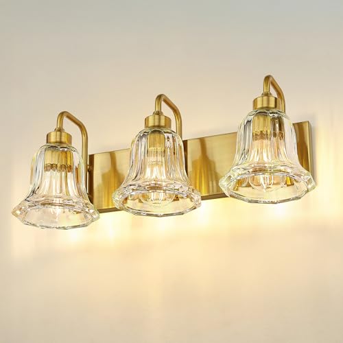 zeyu 22-Inch 3-Light Bathroom Lights Over Mirror Fixture, ZJX117B-3W BG | Gold Bathroom Light Fixtures, Clear Striped Glass Shades, Metal And Glass Construction, Wall-Mounted Bathroom Lighting - color: Gold+Clear Striped Glass, size: 3-Light