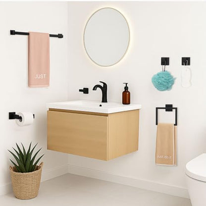 5-Piece Matte Black Bathroom Hardware Accessories Set - 16 Inch Stainless Steel Wall Mounted Towel Rack, Toilet Paper Holder, Towel Ring & 2 Hooks, Bathroom Organizer and Storage - color: A-16 Matte Black