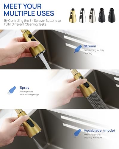 J-HVA Pull Down Kitchen Faucet Sprayer Head Replacement, Brushed Gold | 3 Function Pull Out Sink Sprayer Replacement Nozzle Part, Kitchen Faucet Head Hose Spray Tap Spout, 15 adapters - color: Brushed Gold