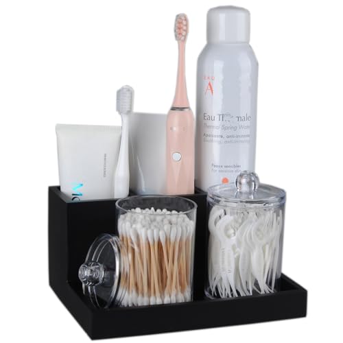 Toothbrush Holder for Bathroom with 2PCS Qtip Holder Dispenser, 3 Slot Bathroom Accessories Holder Floss Cotton Swab Holder Bathroom Vanity Tray for Oral Care Comestic Organizer Counter Storage, Black - color: Matte Black, size: 3 Slots