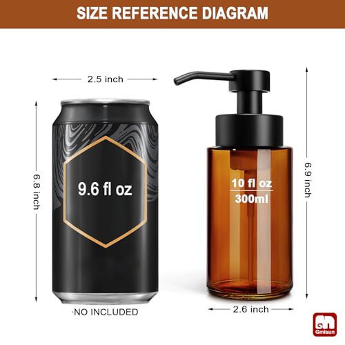 GMISUN Glass Foaming Soap Dispenser, 10 Fl oz / 300ml Amber Glass Soap Dispenser for Bathroom & Kitchen, 2 Pack Modern Refillable Foam Hand Soap Dispensers, Bathroom Hand Soap Dispensers with Labels - color: Amber Bottle, size: 10 Fl oz