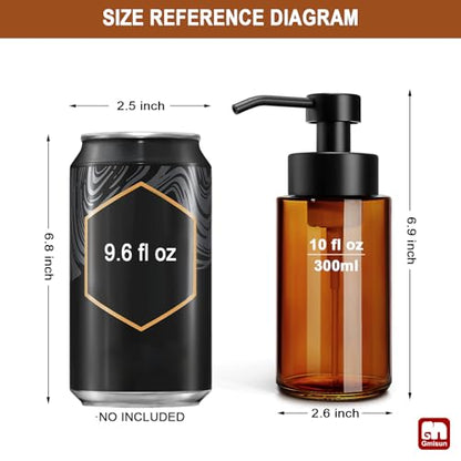 GMISUN Glass Foaming Soap Dispenser, 10 Fl oz / 300ml Amber Glass Soap Dispenser for Bathroom & Kitchen, 2 Pack Modern Refillable Foam Hand Soap Dispensers, Bathroom Hand Soap Dispensers with Labels - color: Amber Bottle, size: 10 Fl oz
