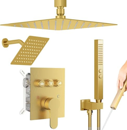 Brushed Gold Shower System, STARBATH Ceiling Mounted 12+6 Inch Rainfall Shower Head with 2 in 1 High Pressure Handhled, Can Use All at Once, Push Button Diverter Thermostatic Valve with Trim Kit - color: Brushed Gold, size: 6+12 inch-06