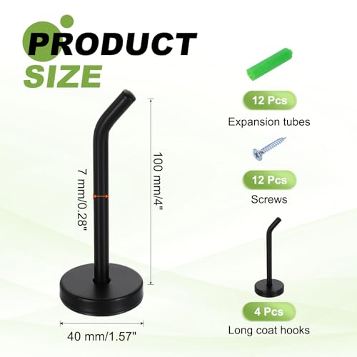 uxcell 4Pcs 4 Inch Coat Hooks, Stainless Steel Long Nose Wall Mount Hook, Robe Towel Hangers with Screws for Livingroom Bathroom Closets and Wardrobe, Black - color: Black, size: 4 Inch