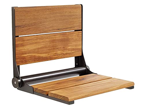 Folding Shower Seat Wall Mounted with Back | 500 lbs Maximum Load Capacity | ADA Compliant Safety Assist Teak Shower Seat for Seniors, Handicapped, and Children | 304 Stainless Steel Frame | 18” x 16” - color: Oil Rubbed Bronze, Teak, size: 18" x 16"