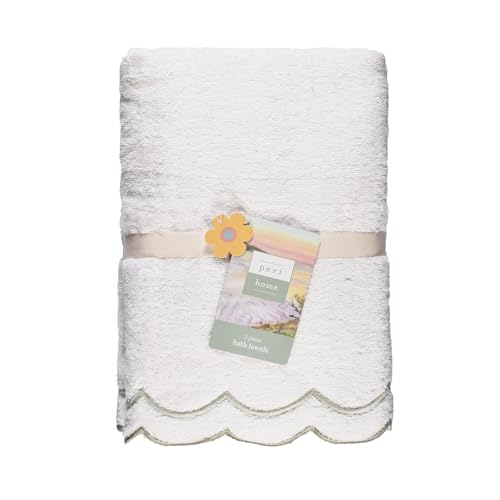Peri Home 2 Piece Cotton Bath Towel Set, Embroidered, White, Sage Scallop - color: White With Sage Scallop, size: 2 Bath Towel