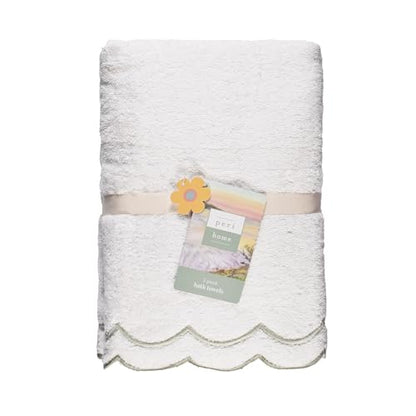 Peri Home 2 Piece Cotton Bath Towel Set, Embroidered, White, Sage Scallop - color: White With Sage Scallop, size: 2 Bath Towel