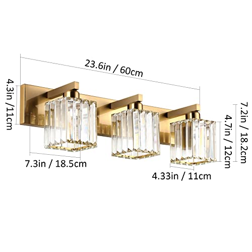 Aipsun Bathroom Vanity Light Fixtures Crystal Vanity Lighting Fixtures Brass 3 Light Bathroom Lighting (Exclude Bulb) - color: Gold, size: 23 inch