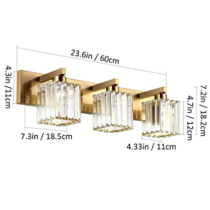 Aipsun Bathroom Vanity Light Fixtures Crystal Vanity Lighting Fixtures Brass 3 Light Bathroom Lighting (Exclude Bulb) - color: Gold, size: 23 inch