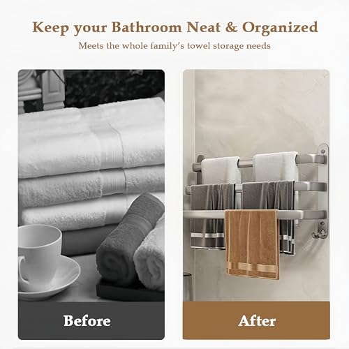SEIDO 24 Inch 3-Tier Towel Rack for Bathroom, Heavy Duty Square Ladder Towel Bar Wall Mounted, Rustproof 304 Stainless Steel Brushed Grey Towel Holder with Hooks, Adhesive & Screw Mounting Options - color: Grey, size: 24 Inch