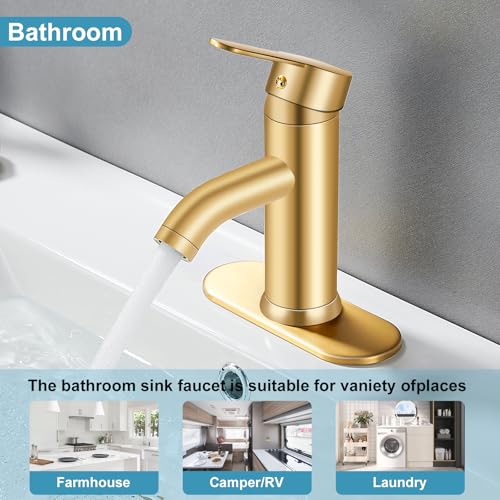 Bathroom Faucet 1 Hole, Brushed Gold Vanity Faucet,Single Handle | for 1 Hole or 3 Hole Bathroom Sink, RV, Vanity,with Deck and Pop-up Drain Easy to Clean - color: brushed gold
