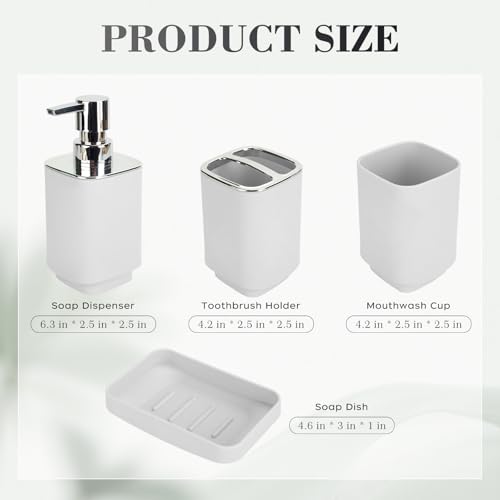 4Pcs White Bathroom Set, Square Boho Soap & Toothbrush Holder Set | Thick shatterproof ABS, electroplated rust-proof pump, drip-free, multi-slot holder, dustproof lids, easy-clean - color: White, size: 4PCS