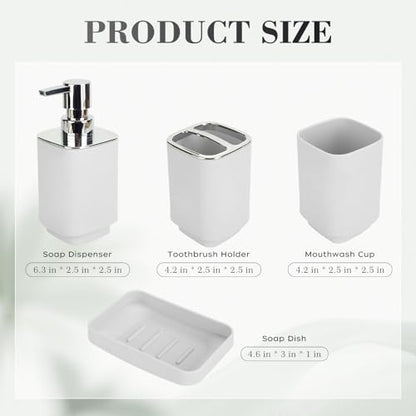 4Pcs White Bathroom Set, Square Boho Soap & Toothbrush Holder Set | Thick shatterproof ABS, electroplated rust-proof pump, drip-free, multi-slot holder, dustproof lids, easy-clean - color: White, size: 4PCS
