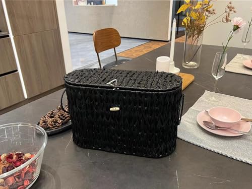 Coeusy Black Toilet Paper Basket with Lid,Wicker Toilet Paper Storage Stand,Large Narrow Bathroom Towel Basket Mega Roll Container Bin for Toilet Tank,Floor - color: Black