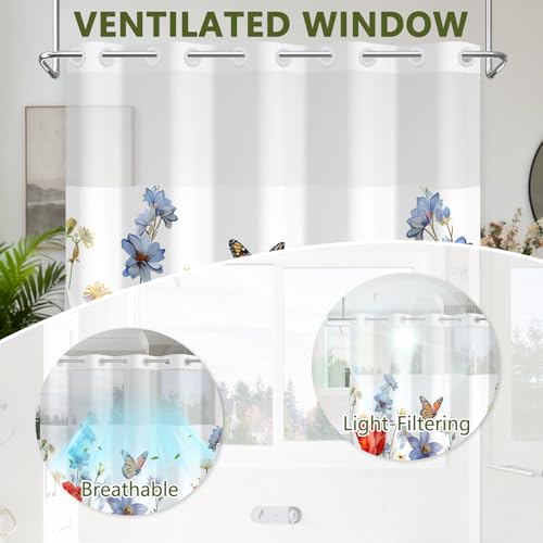 No Hook Shower Curtain and Liner Set, Waterproof Farmhouse Shower Curtain with Weighted Hem and Sheer Top Window, Double Layer Garden Floral Shower Curtains for Bathroom, 71x74 Inches - color: Spring Garden