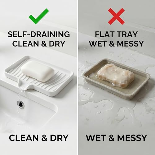 Silicone Soap Dish Tray with Drain, Large 10" x 5.2" Self-Draining Soap Holder for Bathroom Vanity and Kitchen Counter, Non-Slip Vanity Organizer for Standard & Oversized Bars (White)