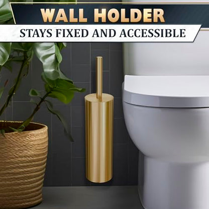 2Pcs Stainless Steel Toilet Brush and Holder Set, Hand Guard (Gold) | Toilet Bowl Brush and Holder, Removable Inner Bowl, Dense Bristles, Long Handle, Scratch Resistant, for Modern Bathrooms - color: Gold Wall-mounted